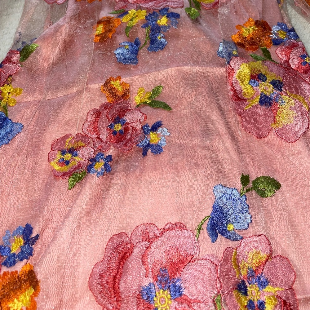For Love & Lemons Percy Pink Long Sleeve Floral Mesh Mini Dress - Picture 4 of 10
